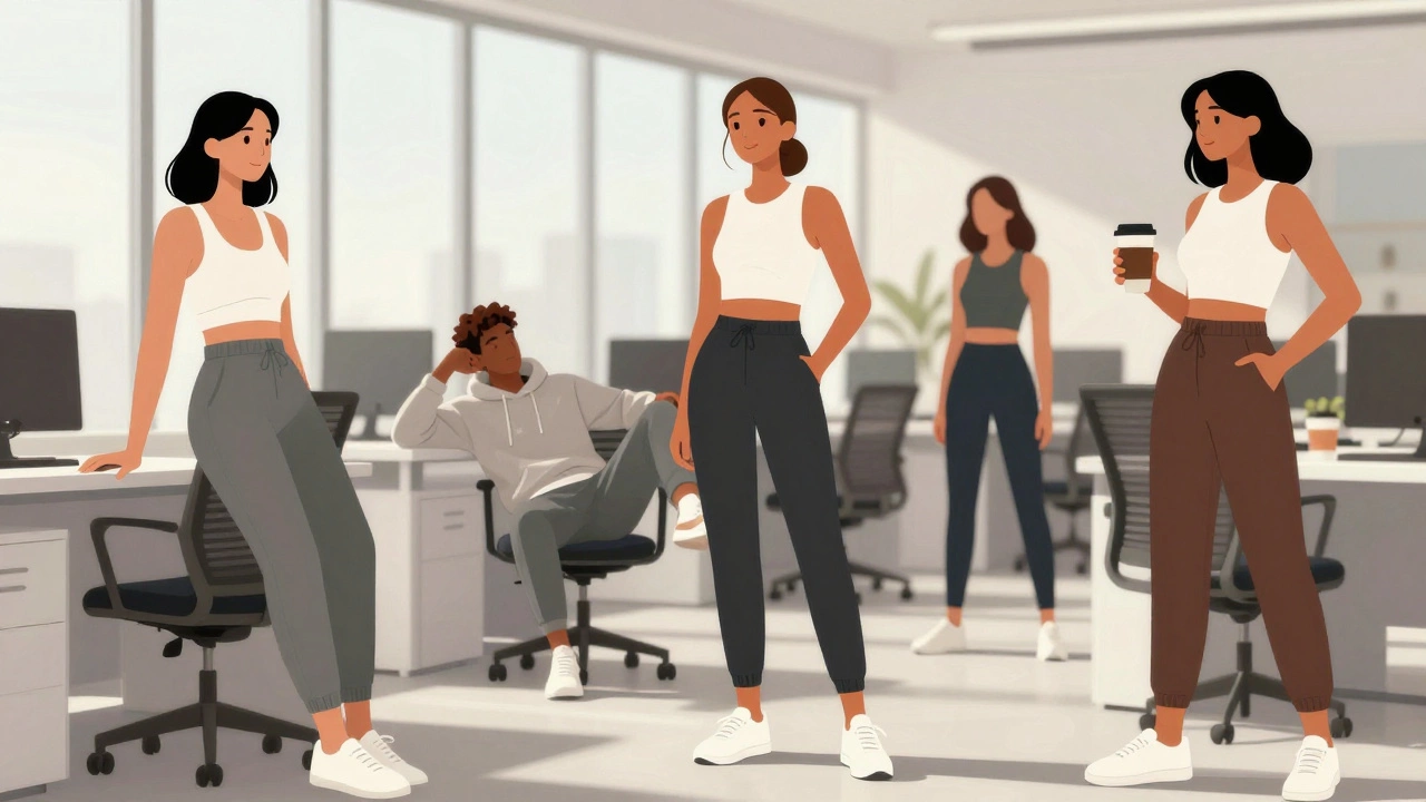 Современные офисные работники в спортивно-элегантной одежде: легкие брюки, минималистичные топы и чистые кроссовки.