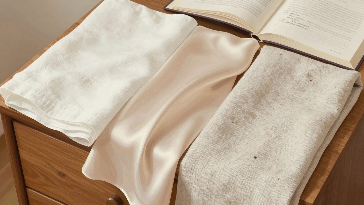 Сравнение трёх натуральных тканей: хлопка, шёлка и льна на деревянной тумбочке.