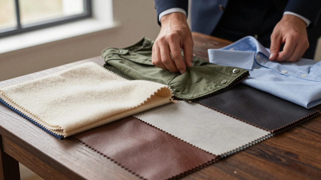 Текстильные образцы ткани на столе для подбора одежды