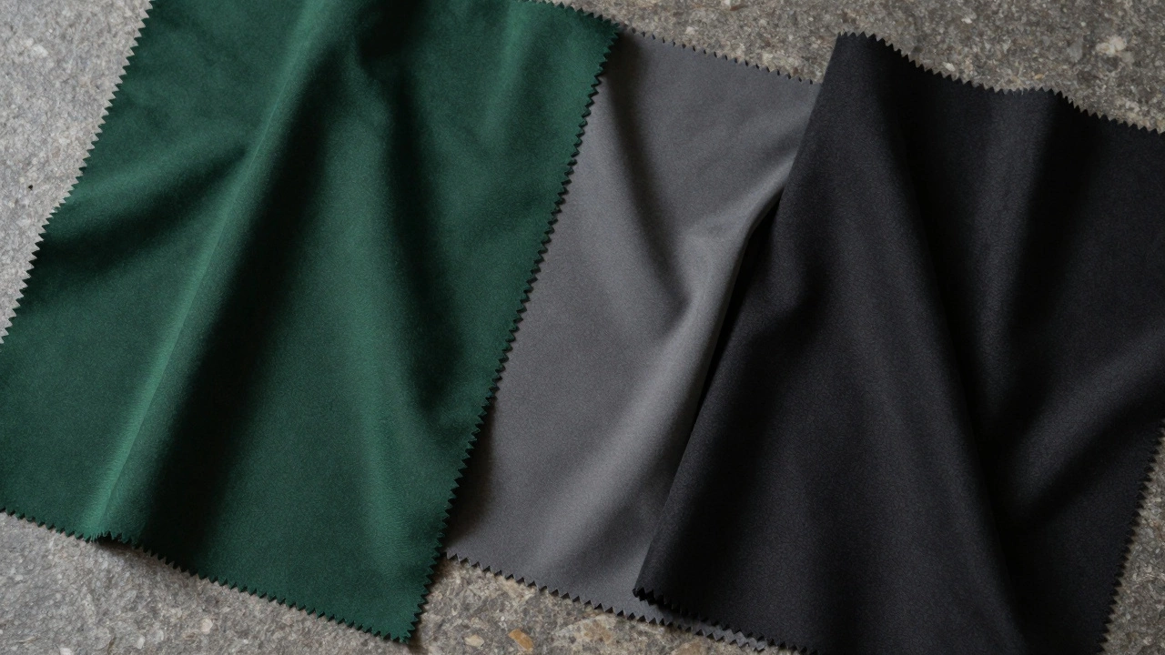 Три тканевых лоскута: темно-зеленый, серый и черный — на каменной поверхности под мягким светом.