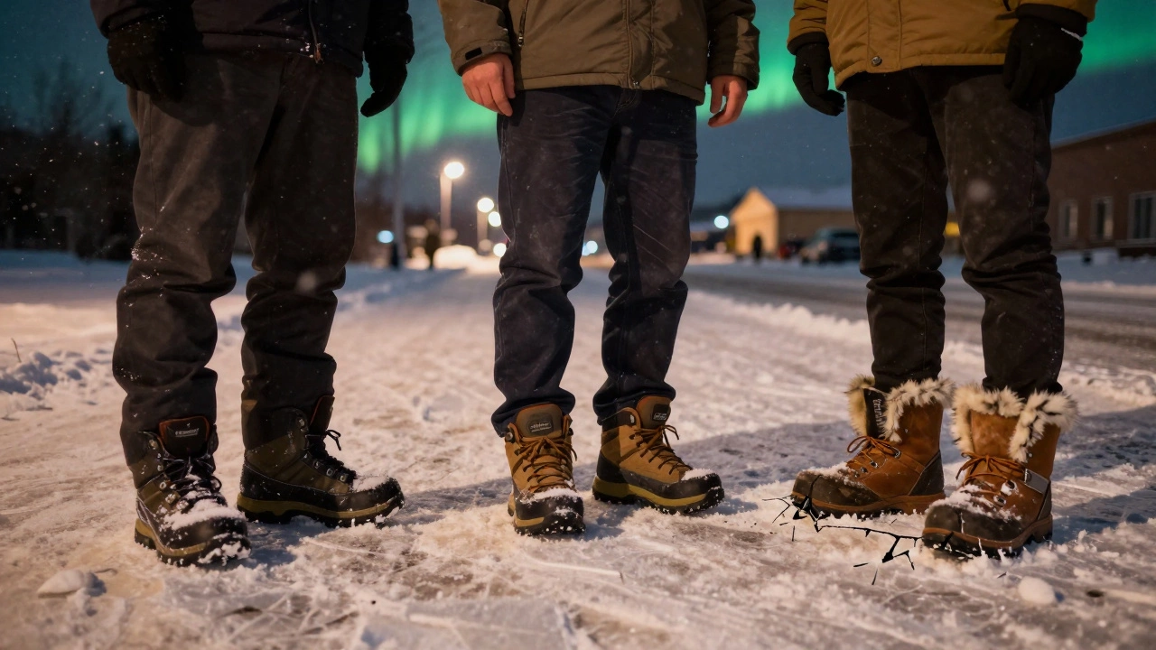 Трое мужчин на льду с разными зимними ботинками: одна — надежная, другая — легкая, третья — хлипкая, на фоне снежной бури.
