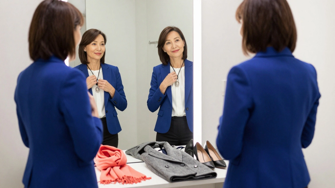 Женщина в сапфировом пиджаке смотрит в зеркало, рядом — аксессуары в нейтральных тонах.