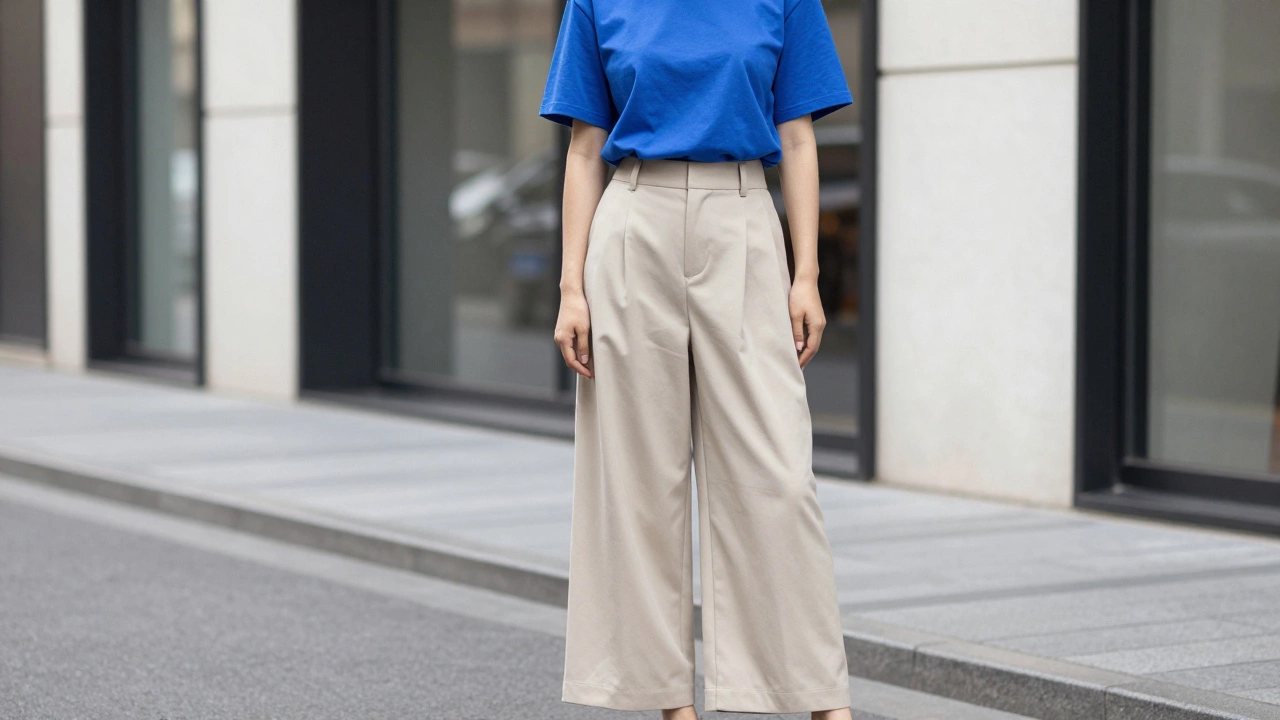 Человек в ярко-синей футболке и широких бежевых брюках на городской улице