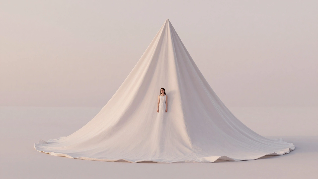 Девушка в очень объемном платье-палатке из плотной ткани, скрывающем силуэт