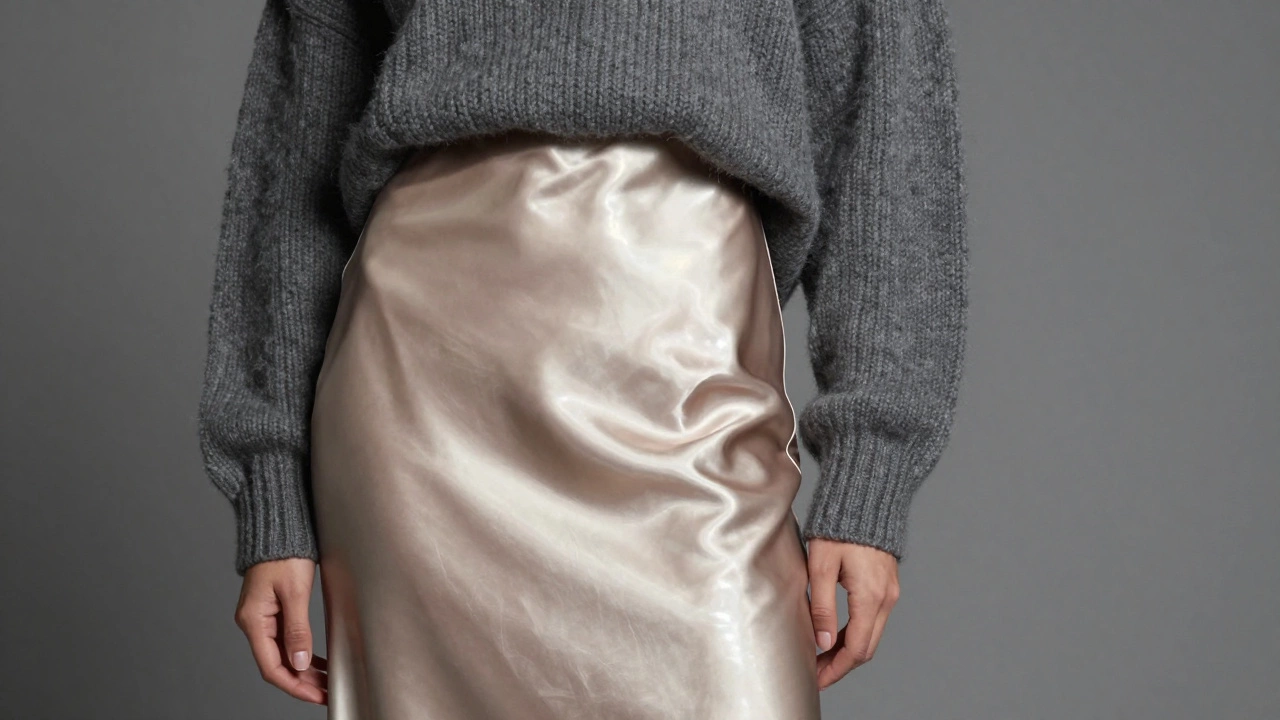 Контраст блестящей шелковой юбки и объемного шерстяного свитера