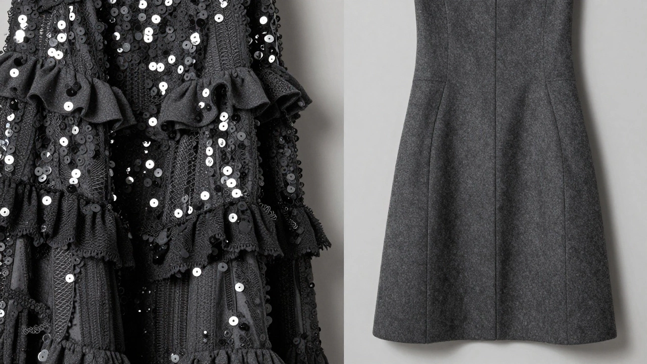 Контраст между избыточным декором из пайеток и лаконичным кроем качественного шерстяного платья