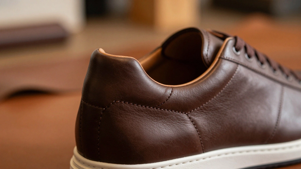 Крупный план ручного шва на коричневых кожаных кроссовках из биоразлагаемого материала