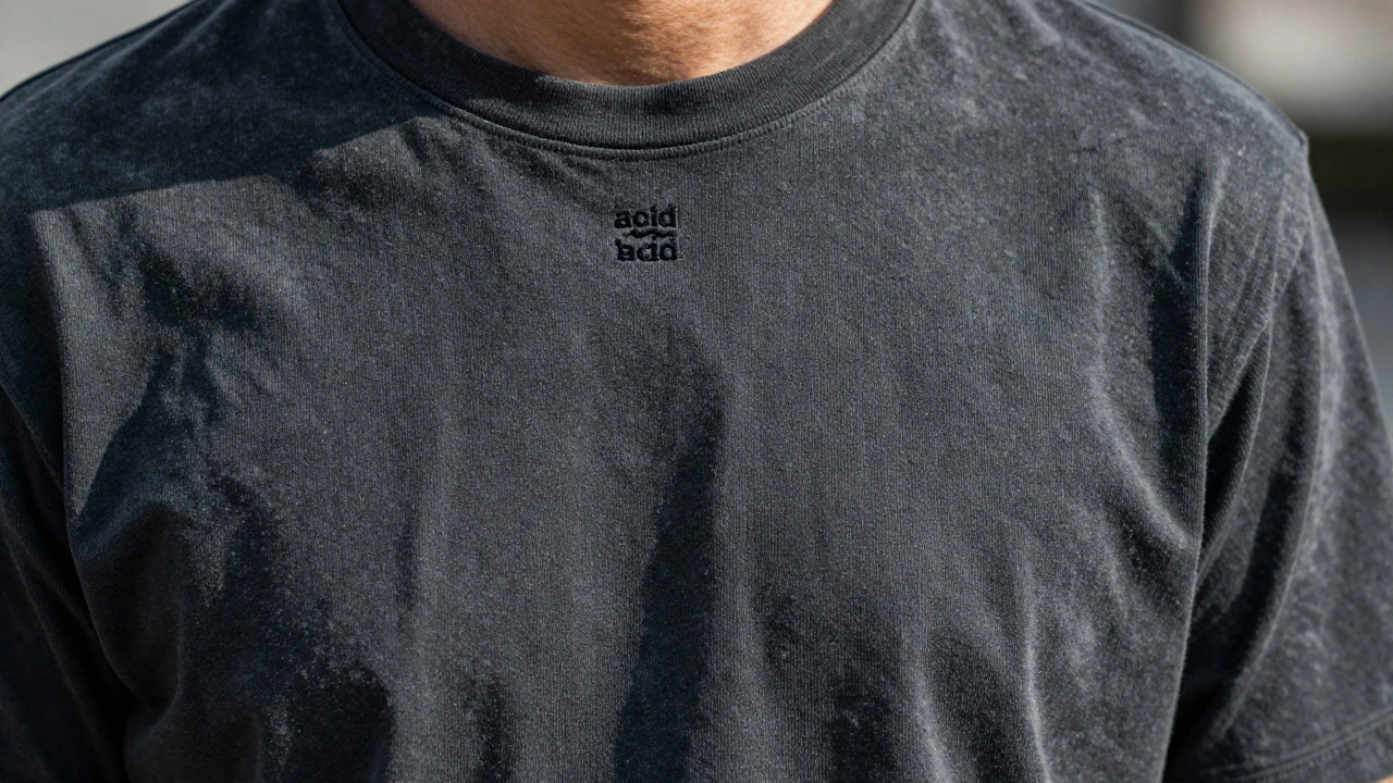 Крупный план серой футболки с эффектом acid wash и микро-вышивкой