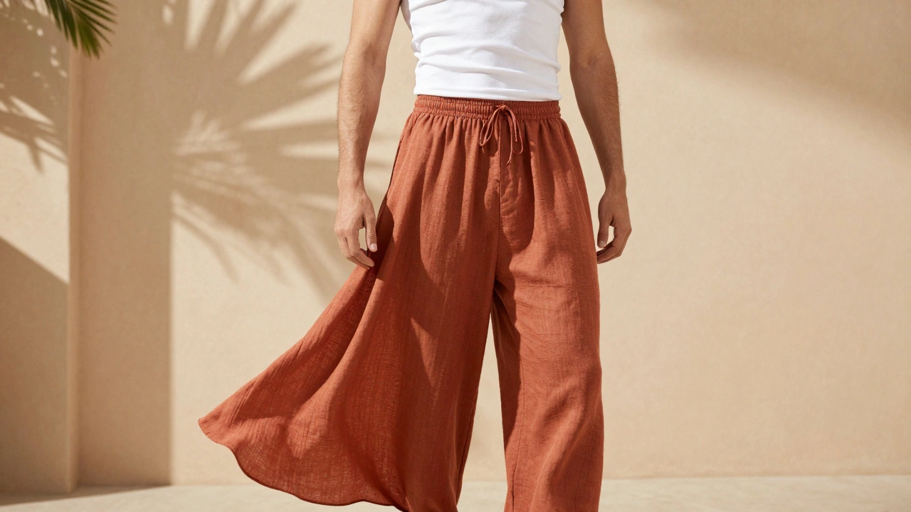 Мужчина в широких льняных брюках палаццо терракотового цвета на солнечном фоне