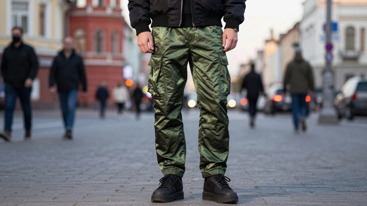 Мужчина в современных брюках-карго оливкового цвета и массивных кроссовках на городской улице