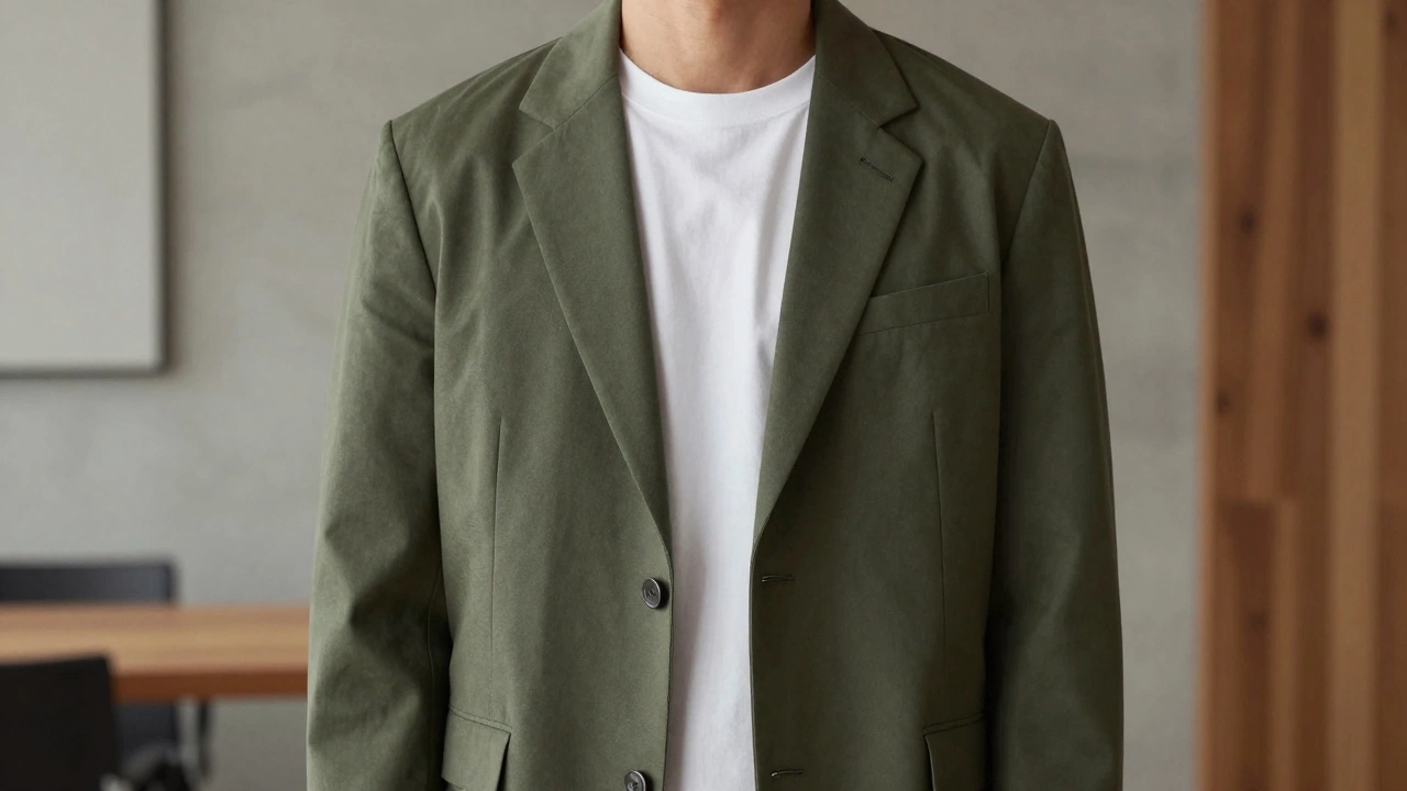 Мужчина в структурированном оверсайз-пиджаке оливкового цвета