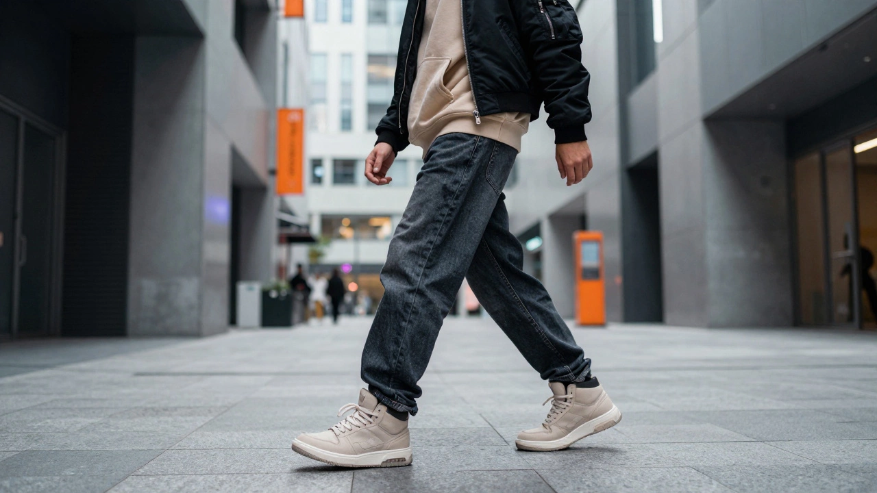 Парень в оверсайз одежде и массивных кроссовках на современной городской улице