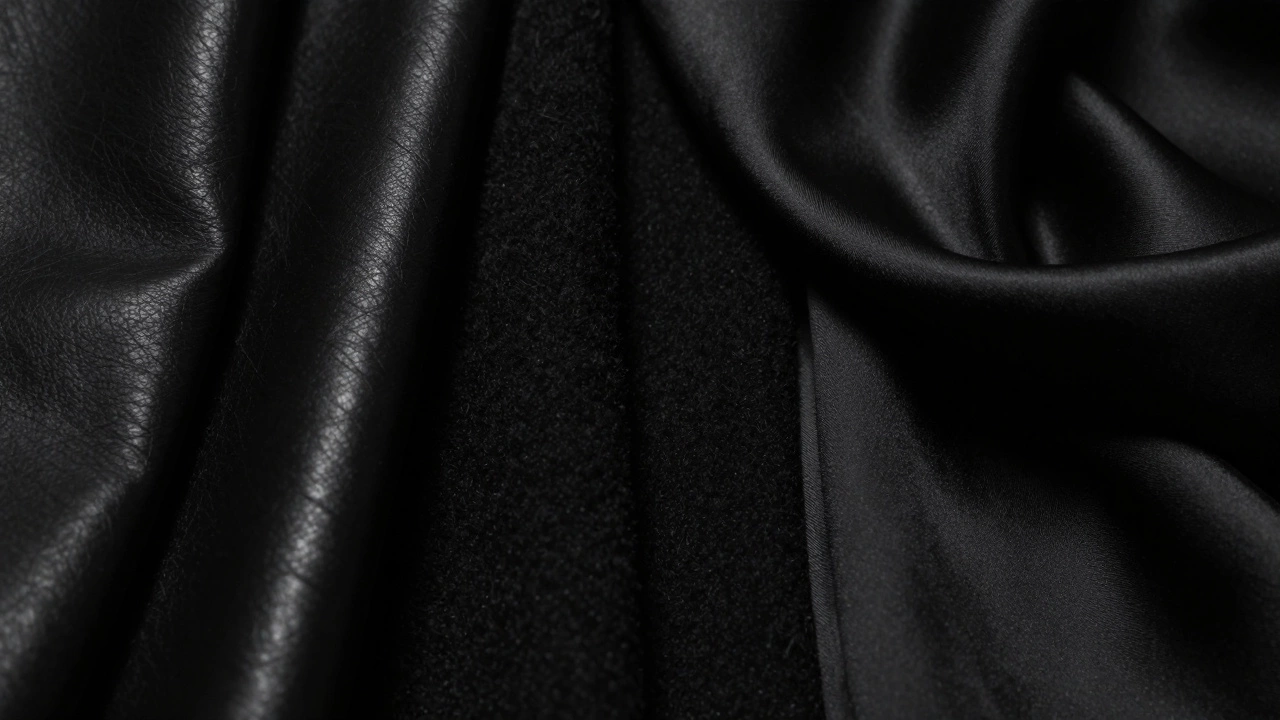 Разные текстуры черной ткани: кожа, шерсть и шелк при драматичном освещении.