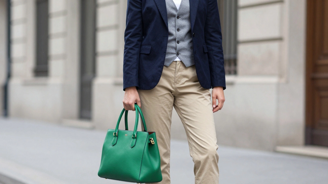 Стильный образ в темно-синем пиджаке и бежевых брюках с ярко-зеленой сумкой.