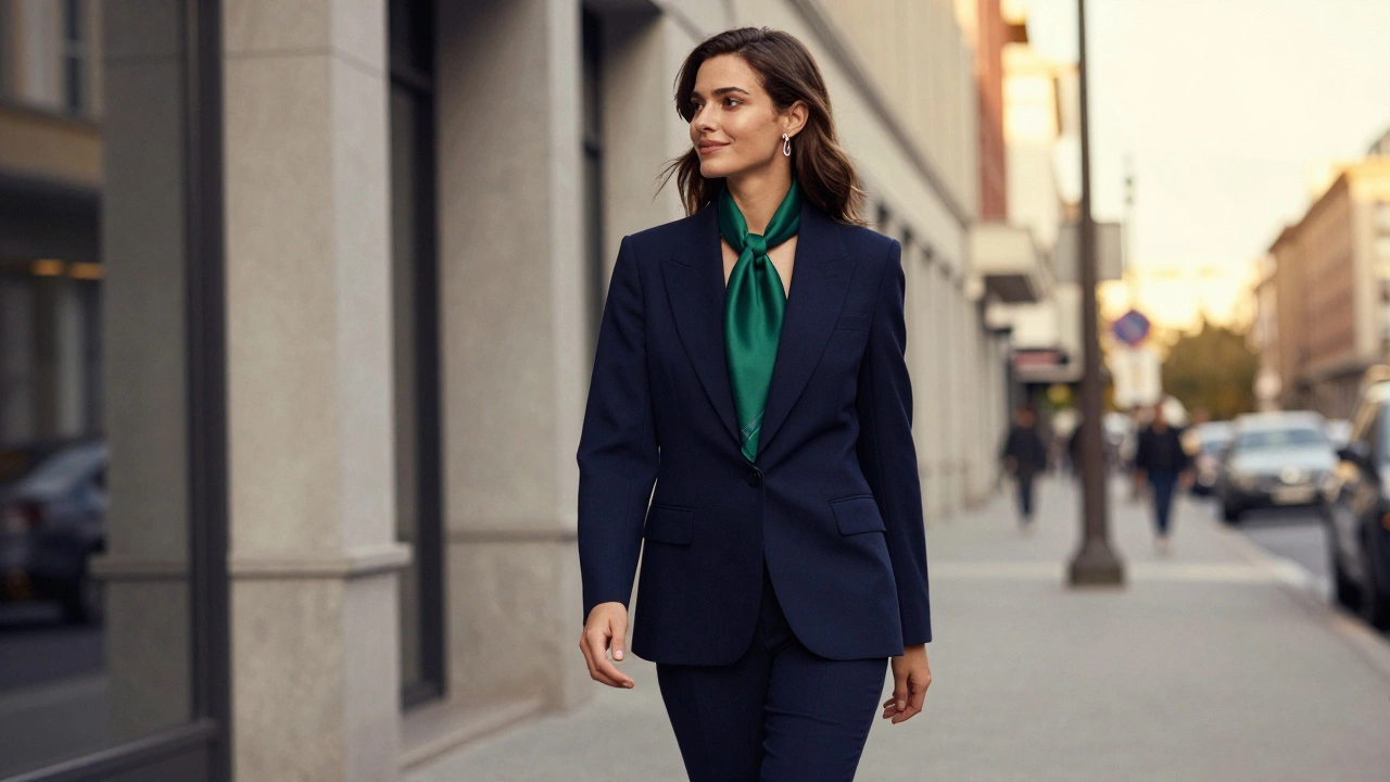 Стильная женщина в темно-синем костюме с изумрудным шарфом на городской улице