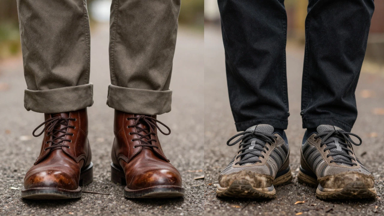 Close-up of clean leather boots with properly fitted chinos versus muddy sneakers with bunched pants