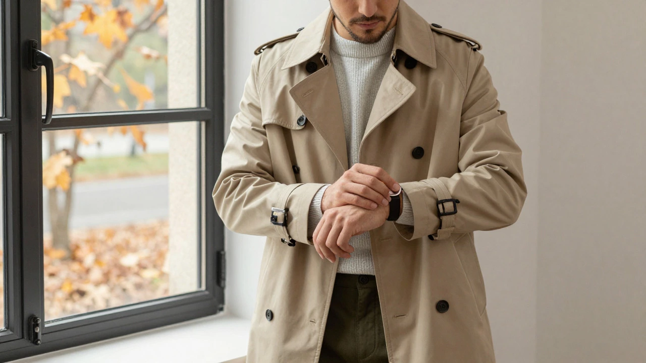 Confident man in monochromatic beige and grey autumn outfit adjusting his watch by a window