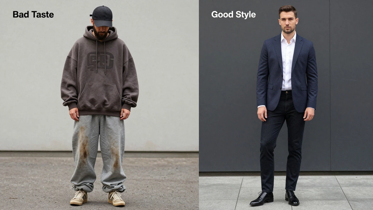 Split screen comparing bad men's fashion (baggy clothes, dirty shoes) vs good style (tailored fit, clean shoes)