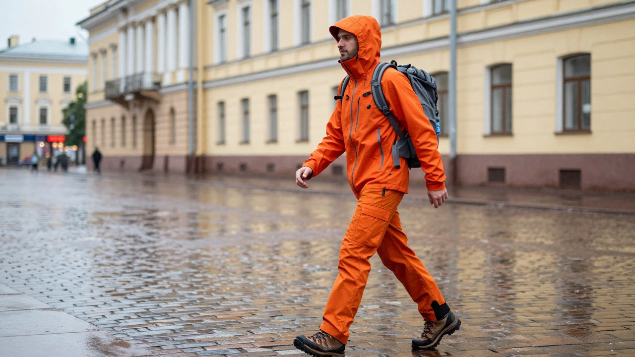 Мужчина в ярком горпкоре гуляет по дождливому Петербургу