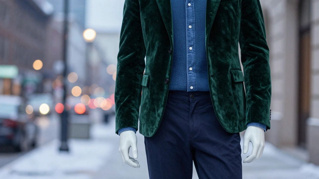 Стильный образ smart casual: свитер, рубашка и бархатный пиджак на фоне зимнего города