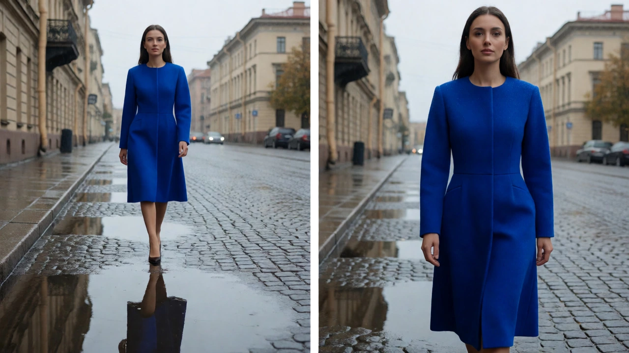 Женщина в синем платье на осенней улице Петербурга